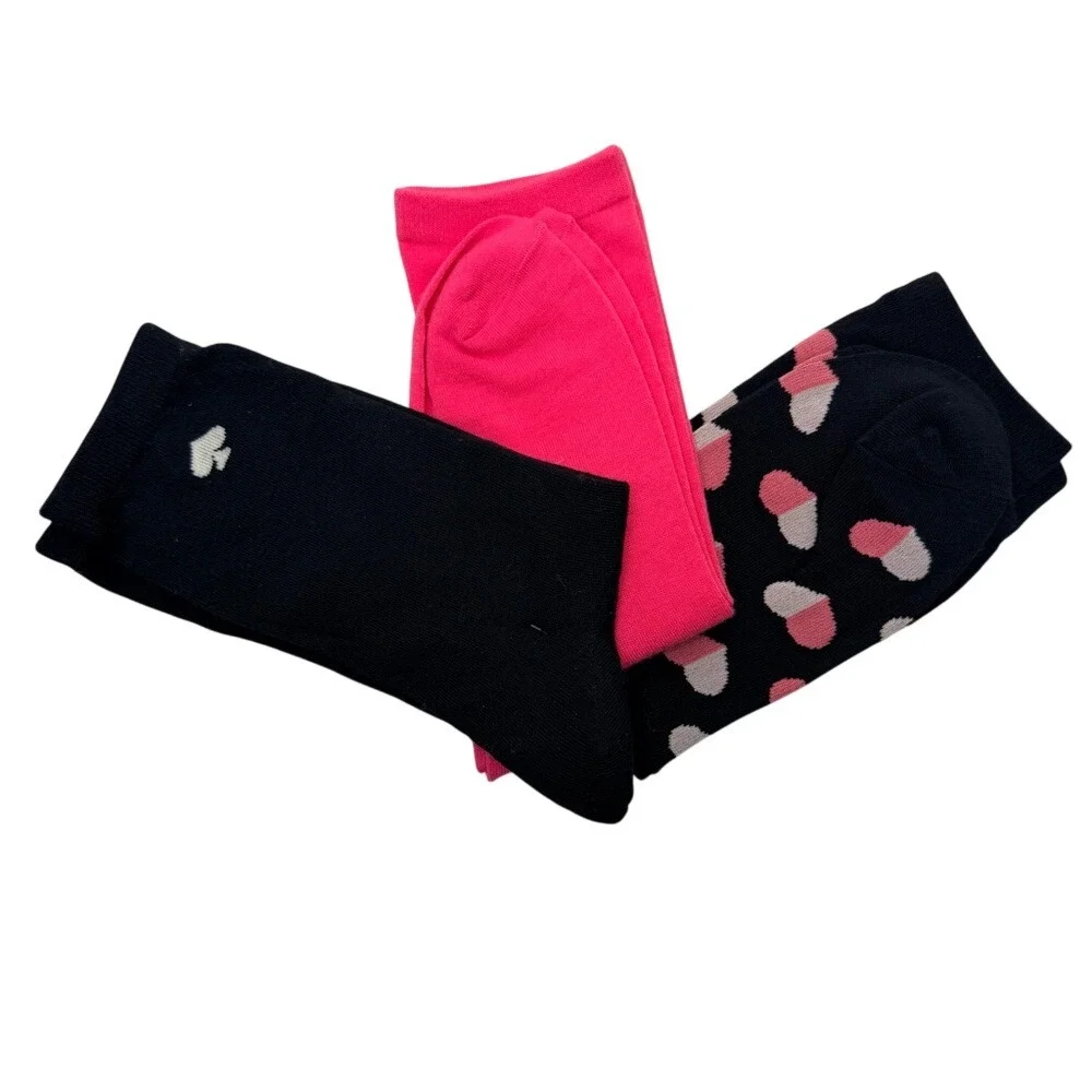 Kate Spade New York 3‎ Pack Crew Socks Black Pink Heart Head Over Heels
